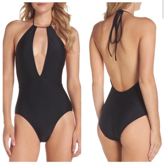 NWT Ted Baker Black Halter Deep V One Piece Swim - Picture 1 of 9